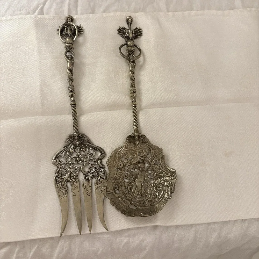 Vintage Bordini Italian Brass Serving Fork & Spoon Ornate Griffin Angels Cherubs